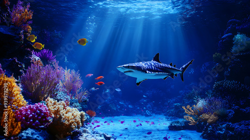 Majestic Shark Swimming in Eerie Undersea World Among Coral Reef and Scattered Fish