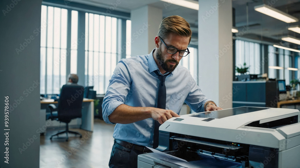 A businessman makes copies using a modern printer in a bright office A businessman makes copies using a modern printer in a bright office