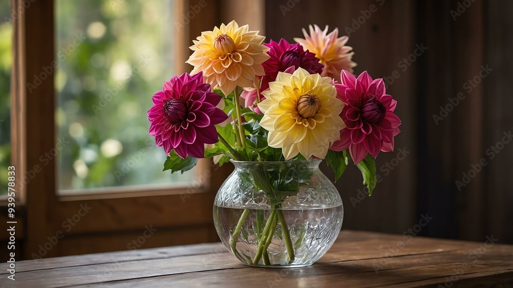 stock photography dahlia flower in a beautiful vase with a background of wooden table stock photography dahlia flower in a beautiful vase with a background of wooden table