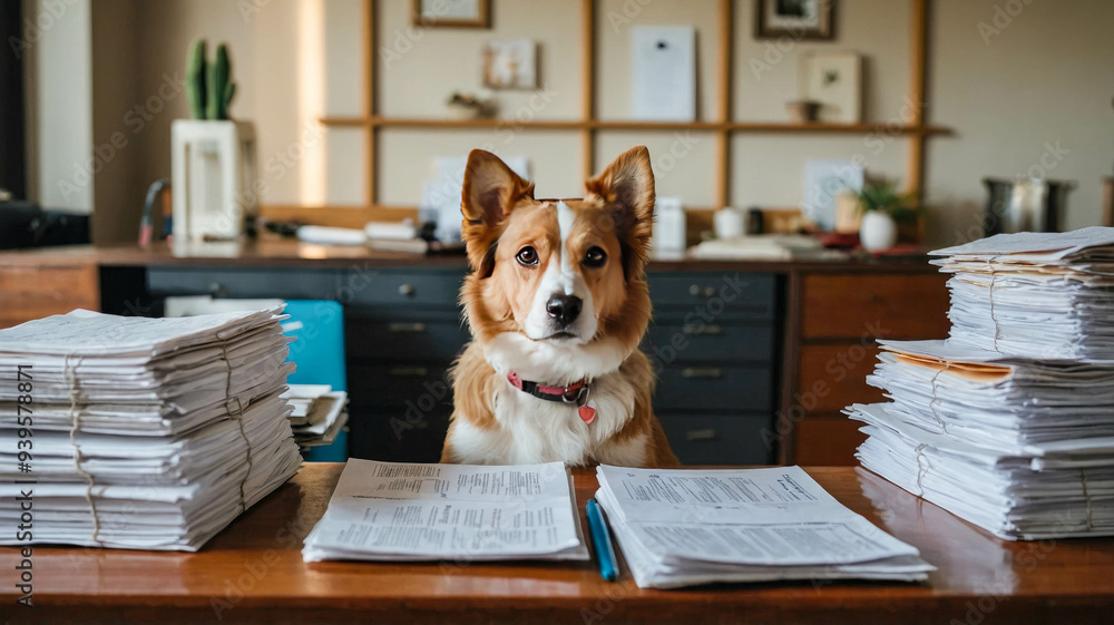A dog sitting at a desk piled with paperwork, pens, and folders, appearing to be working in an office setting A dog sitting at a desk piled with paperwork, pens, and folders, appearing to be working in an office setting