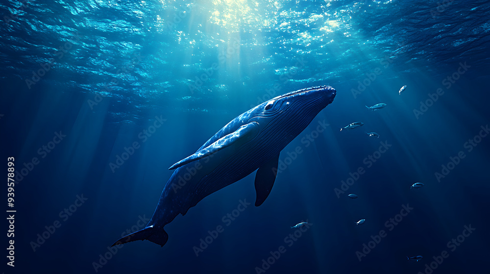 Naklejka premium Majestic Whale Gliding Through Undersea Scene with Small Fish and Soft Light Filtering Down from Surface