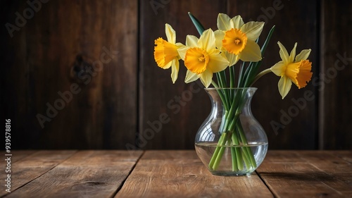 Wallpaper Mural stock photography daffodil flower in a beautiful vase with a background of wooden table Torontodigital.ca