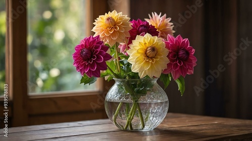 Wallpaper Mural stock photography dahlia flower in a beautiful vase with a background of wooden table Torontodigital.ca
