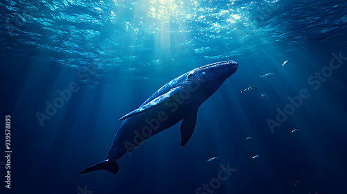 Majestic Whale Gliding Through Undersea Scene with Small Fish and Soft Light Filtering Down from Surface