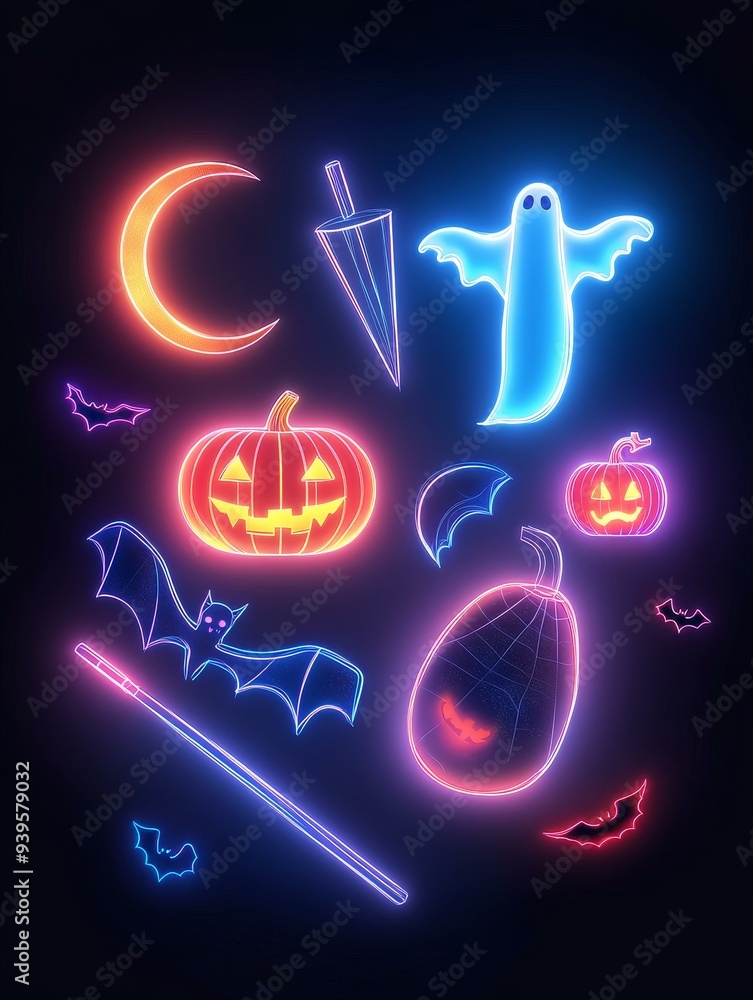 A collection of vibrant neon glowing outlines of classic Halloween symbols, including a pumpkin, ghost, bat, crescent moon, and witch's hat, perfect for spooky celebrations. A collection of vibrant neon glowing outlines of classic Halloween symbols, including a pumpkin, ghost, bat, crescent moon, and witch's hat, perfect for spooky celebrations.