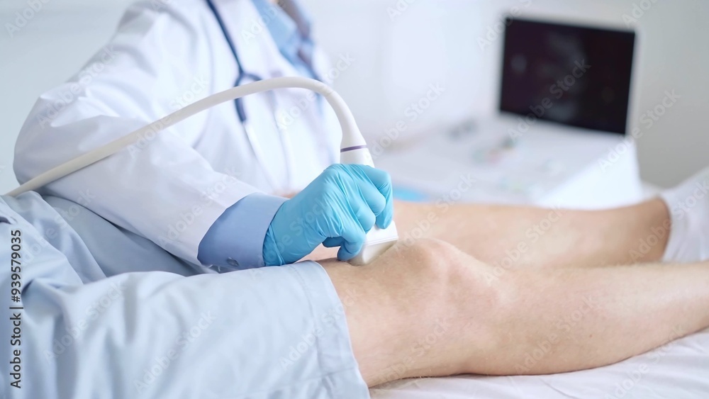 Fototapeta premium Doctor woman wearing blue medical gloves performing knee ultrasound exam on male patient with shorts . Medicine, orthopedic service concept
