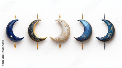 A collection of five beautifully designed crescent moons, each with a unique gold and blue pattern. The moons symbolize the phases of the moon, growth, new beginnings, and the cycle of life. photo