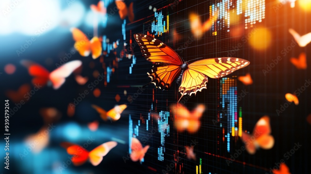 A colorful butterfly hovers in front of a financial chart, representing the delicate balance and unpredictable nature of the stock market. The image symbolizes growth, transformation, and the potentia A colorful butterfly hovers in front of a financial chart, representing the delicate balance and unpredictable nature of the stock market. The image symbolizes growth, transformation, and the potentia