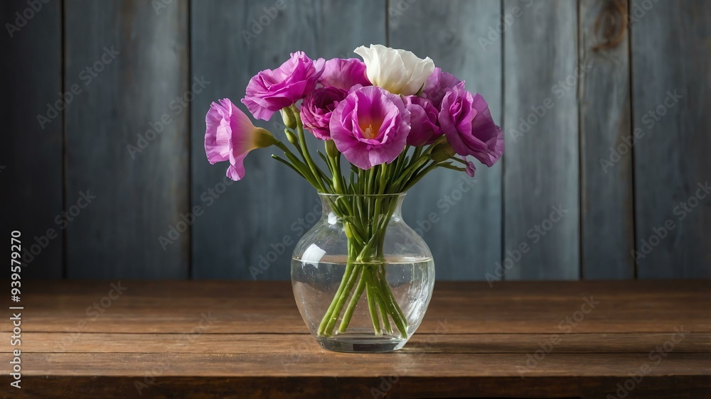 stock photography eustoma flower in a beautiful vase with a background of wooden table stock photography eustoma flower in a beautiful vase with a background of wooden table
