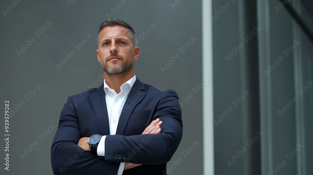 A confident businessman in a blue suit and white shirt stands with his arms crossed in front of a modern office building. He exudes professionalism, success, and leadership. This image represents am A confident businessman in a blue suit and white shirt stands with his arms crossed in front of a modern office building. He exudes professionalism, success, and leadership. This image represents am