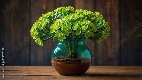 stock photography euphorbia flower in a beautiful vase with a background of wooden table