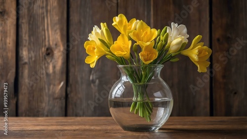 Wallpaper Mural stock photography freesia flower in a beautiful vase with a background of wooden table Torontodigital.ca