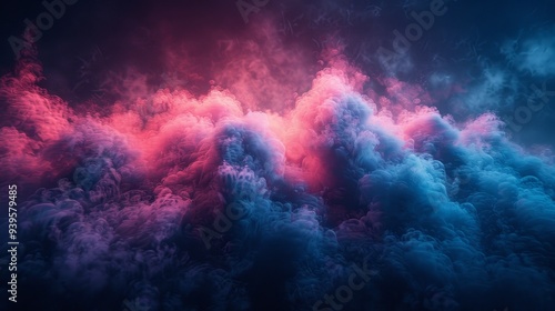 This image displays vivid, fluffy clouds glowing in shades of blue and pink, creating a surreal, dreamlike atmosphere in the sky, evocative of fantasy and tranquility.