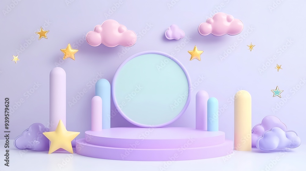 Playful Cartoon Style Podium with Whimsical Clouds and Colorful Stars for Product Presentation Mock-Up in Light Purple Pastel Tone Playful Cartoon Style Podium with Whimsical Clouds and Colorful Stars for Product Presentation Mock-Up in Light Purple Pastel Tone