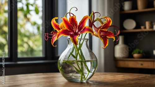 stock photography gloriosa lily flower in a beautiful vase with a background of wooden table photo