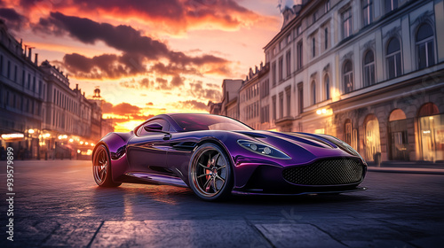 sleek purple sports car in urban street setting at sunset reflecting vibrant lights combining elegance power and modern design with dynamic presence