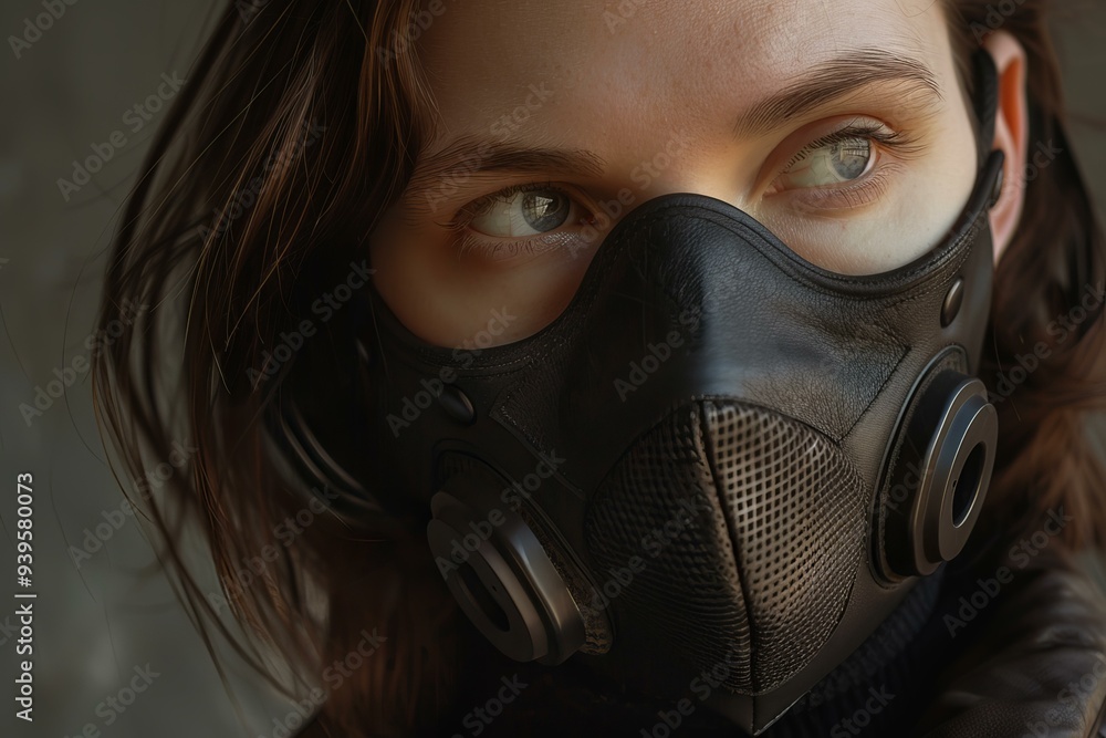 Young woman wearing a black air pollution mask looking away from the camera Young woman wearing a black air pollution mask looking away from the camera