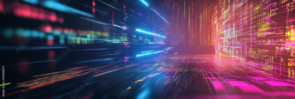 A digital tunnel composed of glowing lines of code in blue, purple, and orange, symbolizing the vastness of the digital realm, the speed of data transmission, the interconnectedness of information, an A digital tunnel composed of glowing lines of code in blue, purple, and orange, symbolizing the vastness of the digital realm, the speed of data transmission, the interconnectedness of information, an
