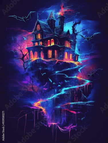 A digitally painted artwork depicting a haunted house with glowing neon outlines, bats flying around it, and a vibrant blue and pink color scheme. The house is perched on a cliff overlooking a misty v photo