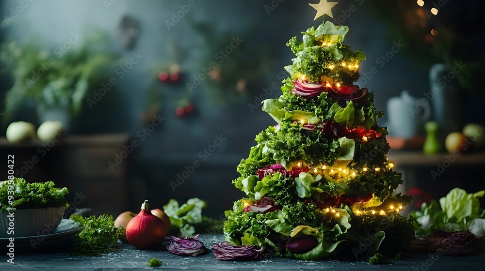 Green and Glowing: A Christmas Tree Made of Fresh Salad with a Star Topper Green and Glowing: A Christmas Tree Made of Fresh Salad with a Star Topper