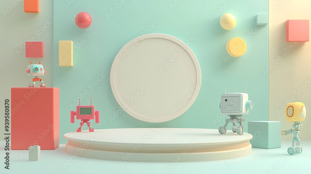 Fun Cartoon Style 3D Render of Podium with Tiny Robots and Colorful Blocks for Product Presentation Mock-Up on White Background Fun Cartoon Style 3D Render of Podium with Tiny Robots and Colorful Blocks for Product Presentation Mock-Up on White Background