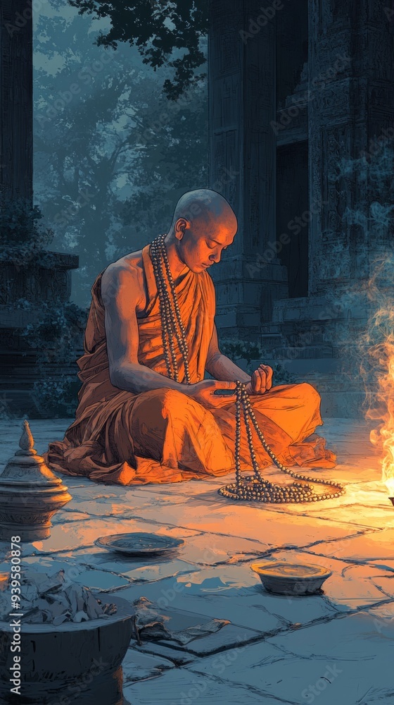 Fototapeta premium Buddhist Mala Beads Temple Meditation Buddhism Religion Spiritual Symbol