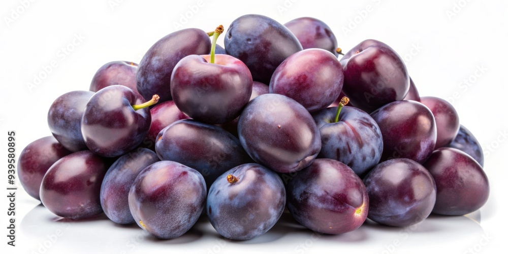 Fototapeta premium Heap of Fresh Plums Isolated on White, fruit , plums , organic , ripe