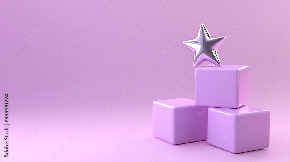 Dreamy 3D Rendering of Pastel Purple Cubes with Silver Star on Minimal Studio Background Dreamy 3D Rendering of Pastel Purple Cubes with Silver Star on Minimal Studio Background