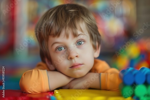 Portrait of a child with autism playing with colorful building blocks, deeply focused and happy