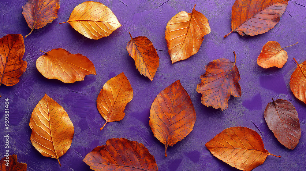 Pattern of dry orange metallic leaves on violet backg Pattern of dry orange metallic leaves on violet backg