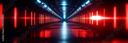 A futuristic spaceship corridor with red glowing lights on the walls, creating a sense of mystery and anticipation. The reflective floor adds depth to the image, and the narrowness of the corridor sug photo