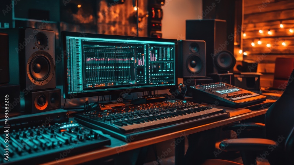 Music production studio with digital audio workstation and monitors Music production studio with digital audio workstation and monitors