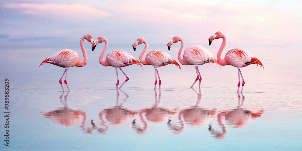 Naklejka premium Five pink flamingos wading in water.