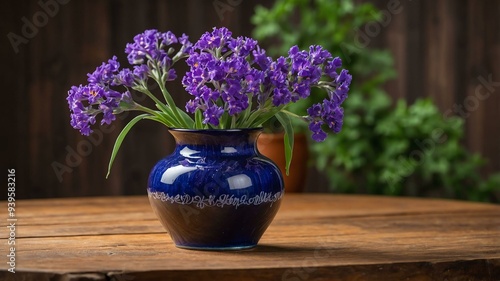 stock photography statice flower in a beautiful vase with a background of wooden table photo