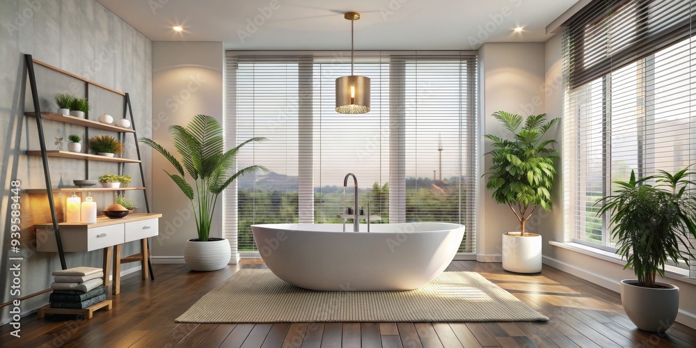 Fototapeta premium Modern Bathroom with Freestanding Tub and Window View, 3D Rendering, Interior Design, Minimalist, Bathroom Design, Modern, Tub