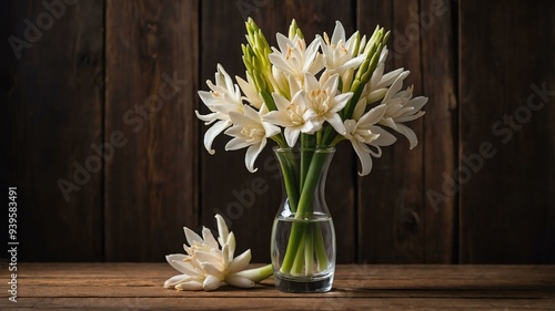 Wallpaper Mural stock photography tuberose flower in a beautiful vase with a background of wooden table Torontodigital.ca