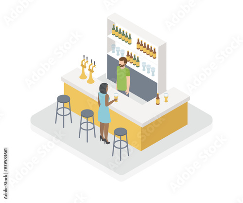 Young man and woman friends sitting at bar chatting drinking beer served by bartender isometric poster vector illustration