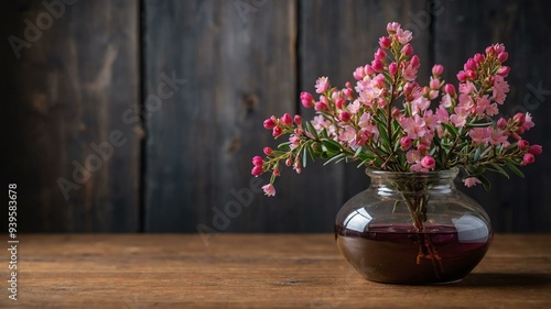 stock photography waxflower flower in a beautiful vase with a background of wooden table photo