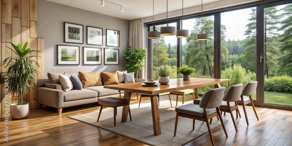Fototapeta premium Modern Dining Room with Wooden Table and Forest View, interior design, dining room, home decor, nature views