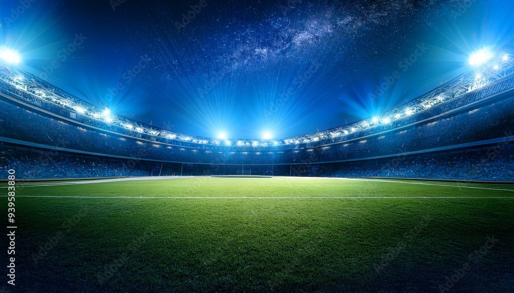 beautiful sports stadium with a green grass field shines with blue spotlights at night with stars. Sports tournament, world championship beautiful sports stadium with a green grass field shines with blue spotlights at night with stars. Sports tournament, world championship