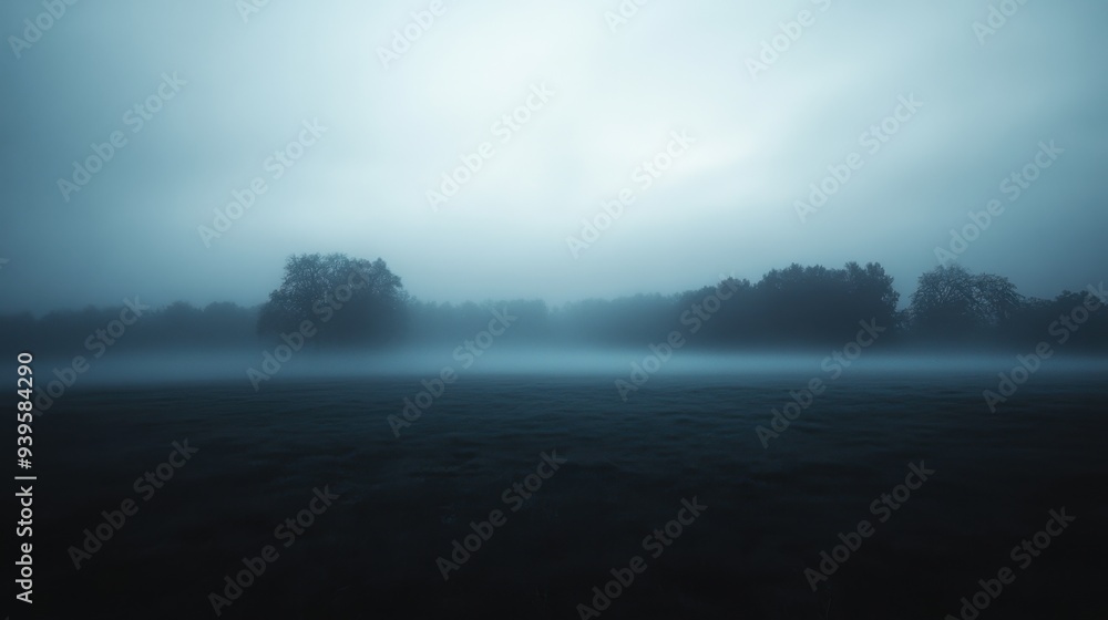 Thick fog hovering over a dark, eerie landscape with trees barely visible in the distance Thick fog hovering over a dark, eerie landscape with trees barely visible in the distance
