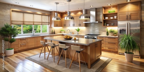Modern Kitchen Island with Wood Cabinets and Pendant Lights, kitchen design, interior design, home decor, modern kitchen