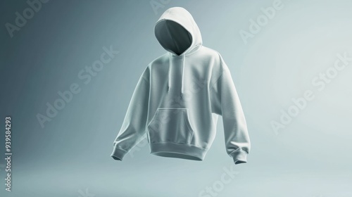 Oversized hooded sweatshirt mockup floating in a minimalistic studio setting with soft lighting