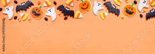 Halloween cookie top border. Overhead view on an orange banner background with copy space. Ghosts, bats, jack o lanterns and candy corn.