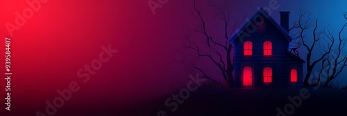 A mysterious and eerie silhouette of a haunted house with glowing windows, set against a backdrop of red and blue lights. The house is surrounded by bare trees, creating a sense of isolation and suspe photo