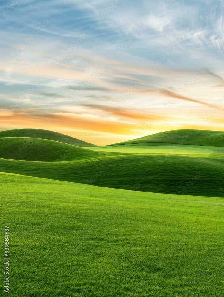 A panoramic view of a rolling green golf course at sunrise, with a soft golden sky and lush green grass. The image symbolizes tranquility, nature's beauty, and the start of a new day. A panoramic view of a rolling green golf course at sunrise, with a soft golden sky and lush green grass. The image symbolizes tranquility, nature's beauty, and the start of a new day.