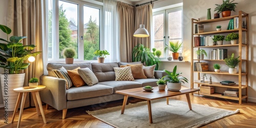 Modern Living Room with Beige Sofa, Plants, and Bookshelf, interior design, living room, home decor, cozy space