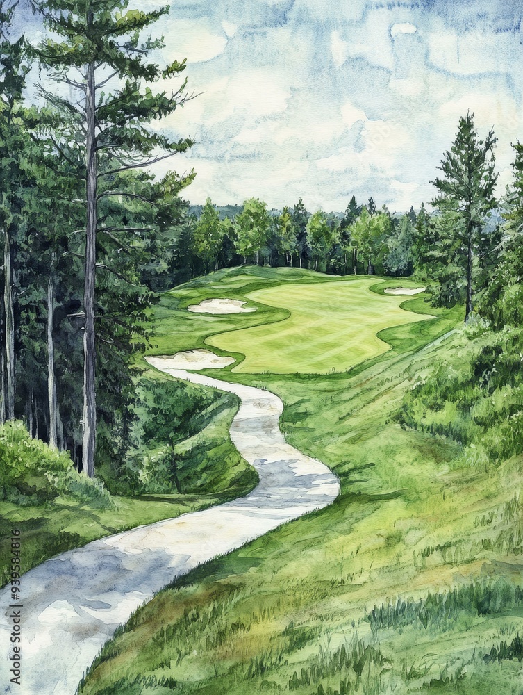 A picturesque watercolor painting depicting a serene golf course, showcasing a winding path leading through lush green hills and verdant trees, symbolizing tranquility, leisure, nature, and the beauty A picturesque watercolor painting depicting a serene golf course, showcasing a winding path leading through lush green hills and verdant trees, symbolizing tranquility, leisure, nature, and the beauty