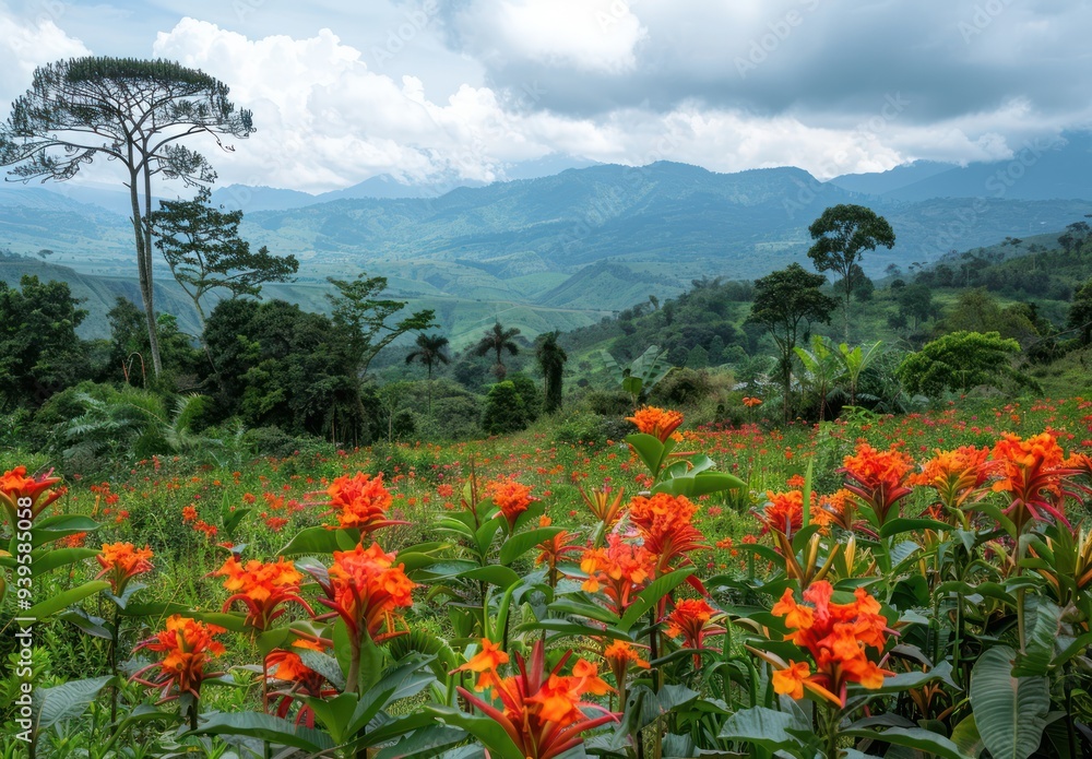 Vibrant Orange Flowers Against a Lush Mountain Landscape Vibrant Orange Flowers Against a Lush Mountain Landscape