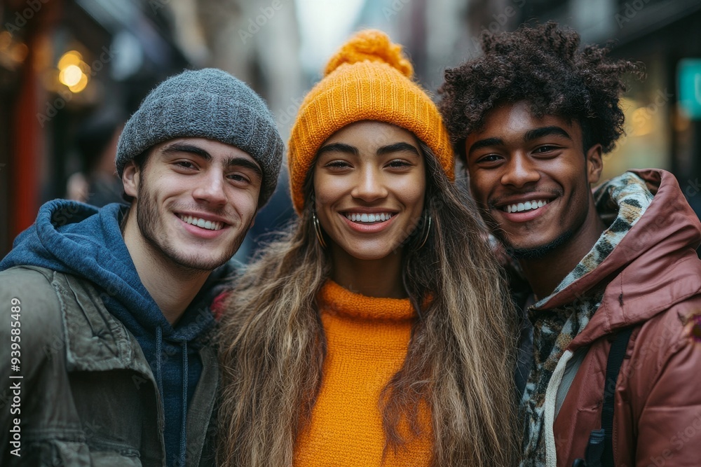Young multi ethnic friends having fun together hanging out in the city - Friendship and diversity concept, Generative AI Young multi ethnic friends having fun together hanging out in the city - Friendship and diversity concept, Generative AI